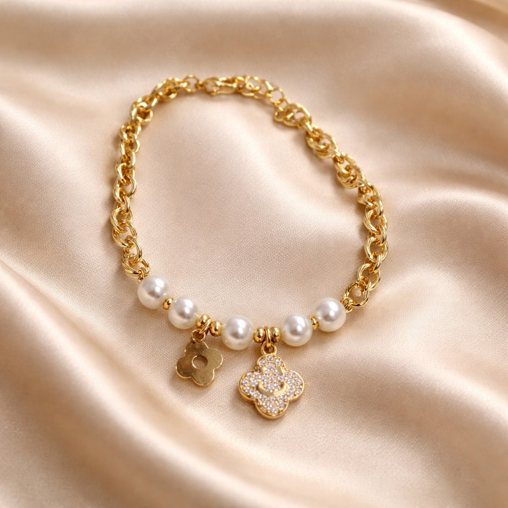 Gold Pearl Charm Bracelet with Clover Pendants